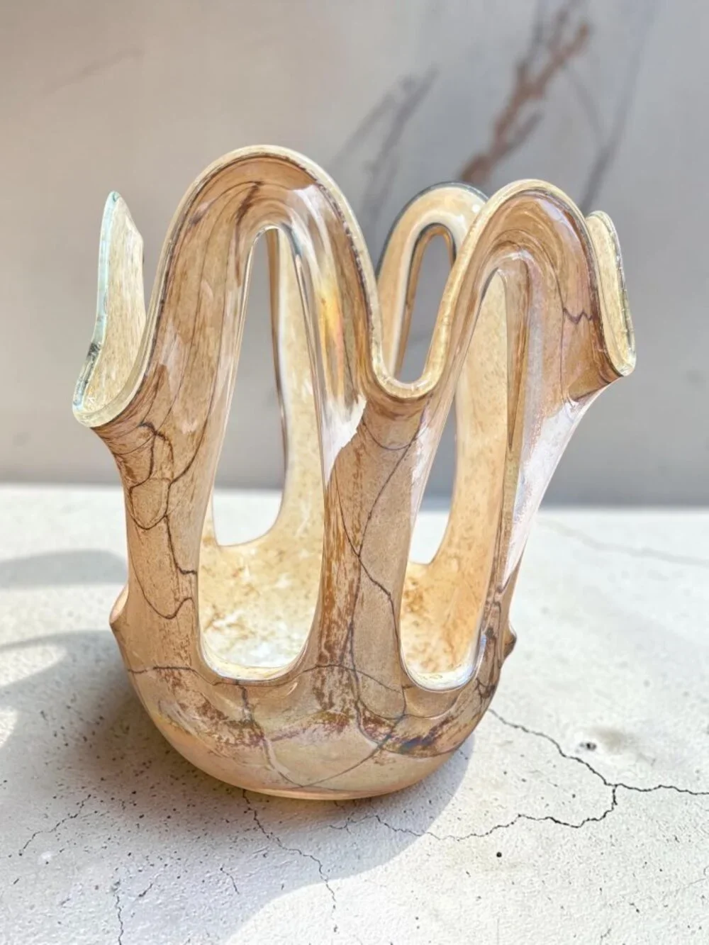 Art Glass Handkerchief Vase / candle holder, Krosno Makora Marbled Earthtone w/